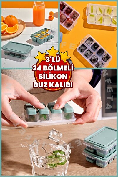İnfeta 3'lü Kapaklı Baş Parmak Silikon Buz Kalıbı Yapışmaz 8'er Bölmeli Buz K...