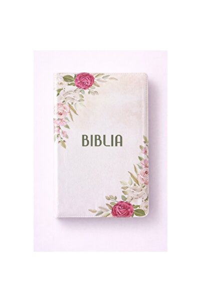 Light Store Biblie mare, piele ecologică, model floral alb, fermoar, index, m...