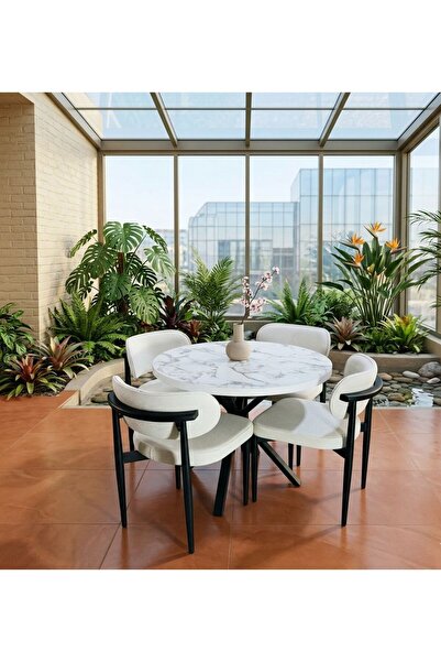 Sofmina Lüks Mermer Dokulu 4 Kişilik Yuvarlak Yemek Masası Takımı - Loft Tasa...