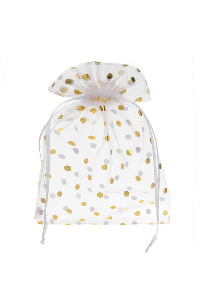 Zumzeria Pungă de organza albă cu buline aurii din folie 15x20cm