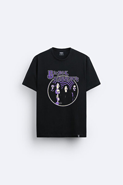 AYDESİGN Tricou negru cu imprimeu Black Sabbath, cu guler tip crewneck