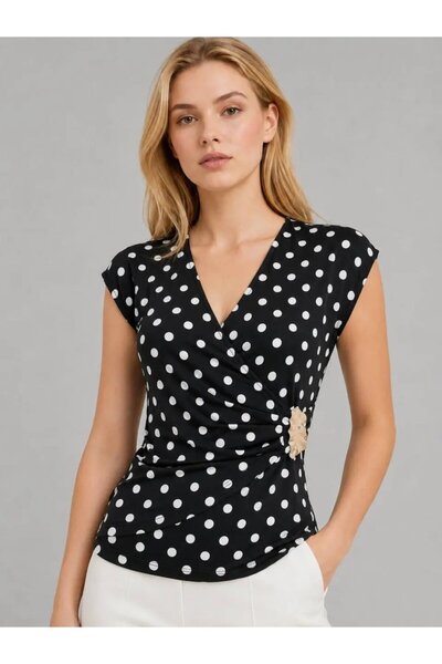 Park Karon Women's Double-Breasted Collar Buckle Detail Polka Dot Combed Cott...