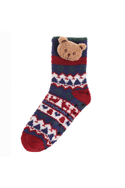 Zumzeria Fluffy Red and Blue Christmas Socks with 3D Teddy Bear Anti-slip (41...