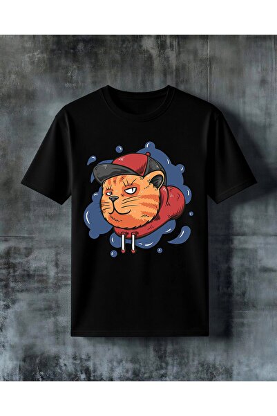 COMVİCHO Cat Boxer Red Gloves Printed Oversize T-Shirt