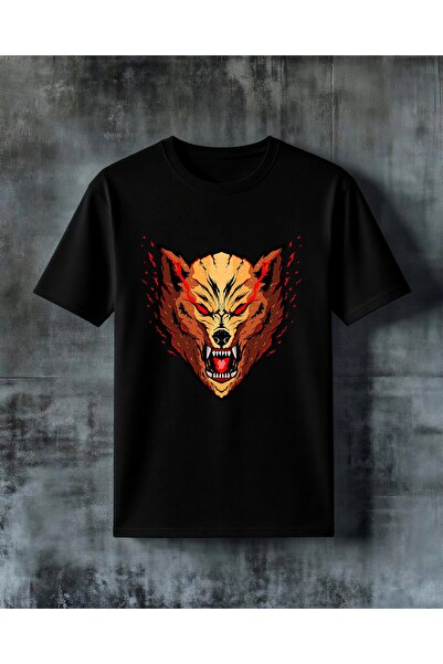COMVİCHO Fire Wolf Red Eye Printed Oversize T-Shirt