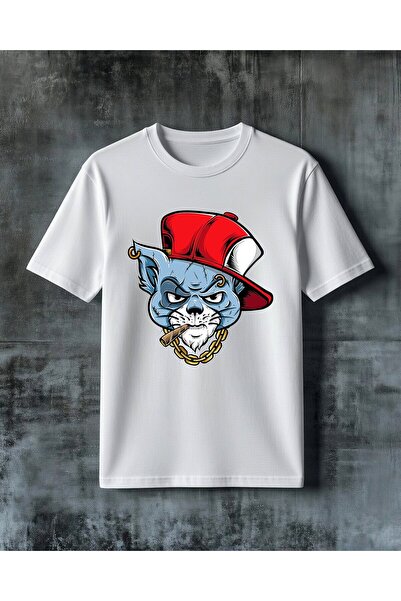 COMVİCHO Blue Cat Red Hat Printed Oversize T-Shirt