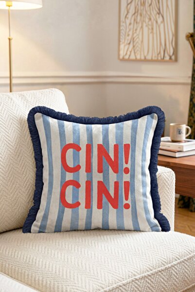IdeCraft Striped Cin Cin Lettering Fringed Throw Pillow Cover Navy Blue Tasse...