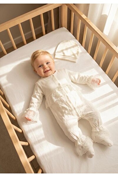 Bebila Baby Baby Girl Mevlütlük Jumpsuit with Lace Hat Newborn 100% Cotton Ho...