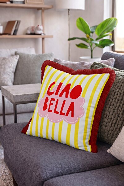 IdeCraft Ciao Bella Yellow Striped Fringed Throw Pillow Cover Burgundy Tassel...