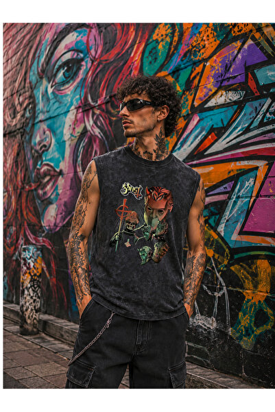 FREAK T-SHIRT Μπλουζάκι Ghost Gothic Vintage με εφέ πλύσης και μηδενικά μανίκ...