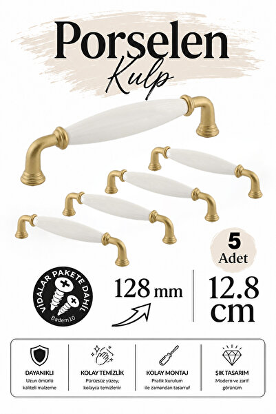 Badem10 (5 Adet) Elissa Porselen Mat Altın Kulp 128 mm 12.8 cm Mobilya Çekmec...