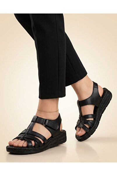 Gönbeler Women's Cream Genuine Leather Orthopedic Comfort Sandals