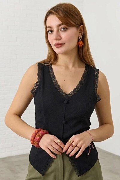 Raneel Kazançlı Alışveriş Women's Camisole Buttoned Lace Detailed Strappy Blo...