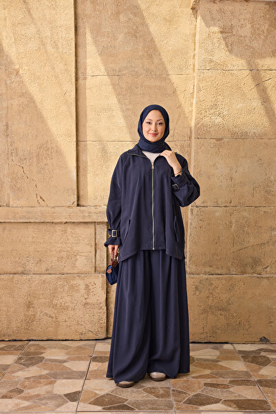 LOCCO Women's Double Pocket Zippered Loose Trousers Set Navy Blue