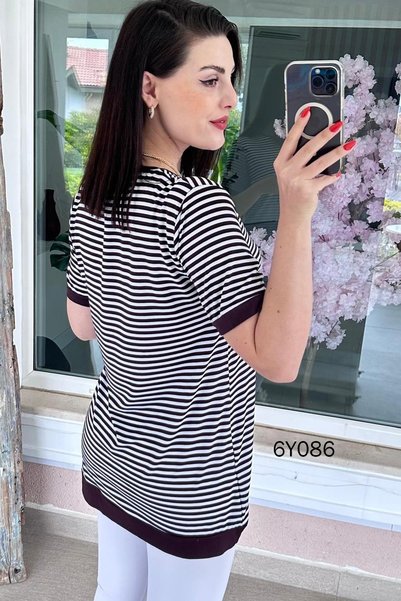 İnce Topuk Crew Neck Striped Viscose Blouse 6Y086