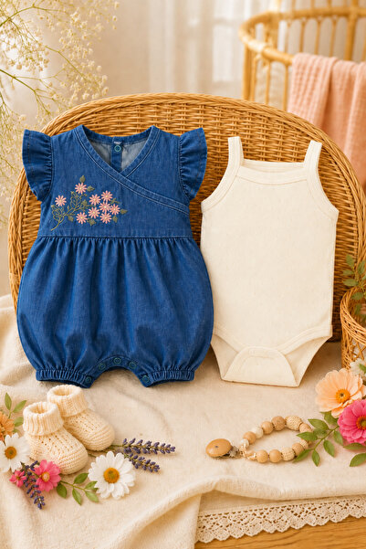 MYZİ STORE Baby Girl Denim Jumpsuit with Embroidered Ruffle Sleeves and Perfo...