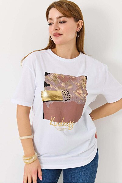 Raneel Kazançlı Alışveriş Women's bright printed bicycle collar t-shirt white