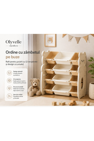 OEM Toy and Book Organizer - 12 Storage Compartments, Bear Theme, White