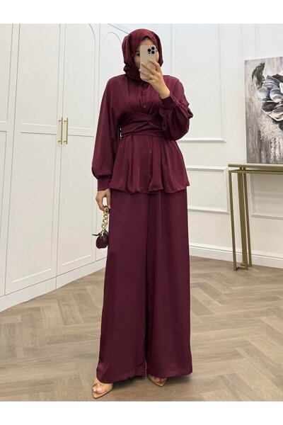 bezenstore KUŞAK DETAYLI SATEN PANTOLONLU BORDO TAKIM