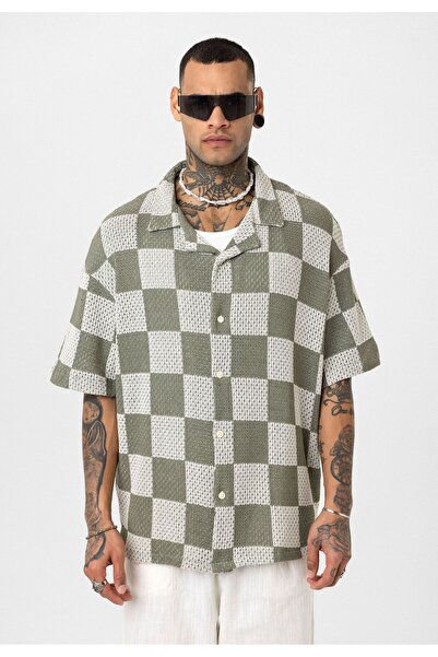 S13 Store Oversize Kare Desenli Triko Gömlek