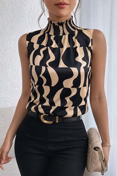 Aymood بلوزة نسائية بدون أكمام بياقة مدورة ومزخرفة من الجيرسيه