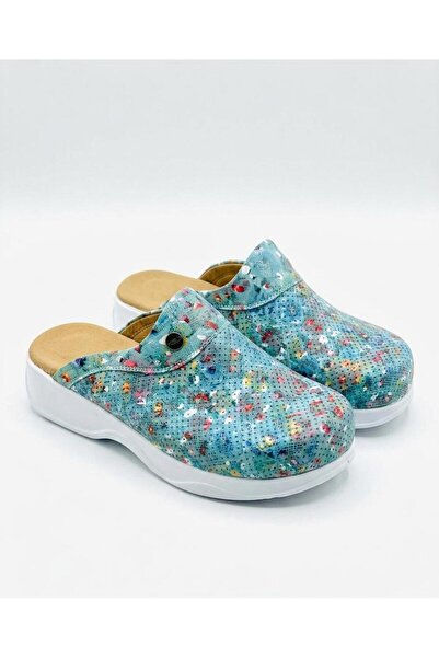 BLUMSABOTERLİK Blue Patterned Genuine Leather Women's Full Orthopedic and Ana...