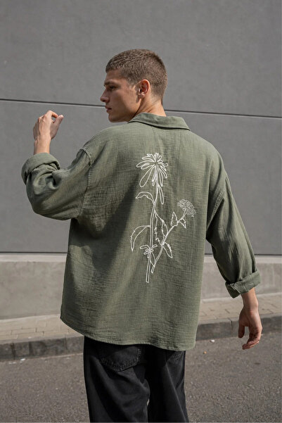MADZEYMODA Men's Oversize Breathable 100% Cotton Embroidered Khaki Muslin Shi...
