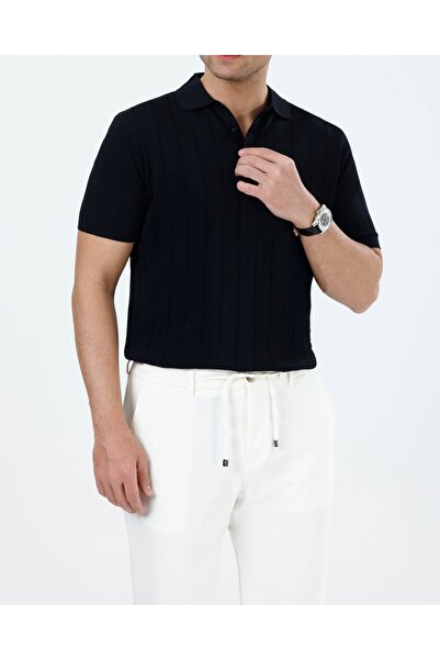 TerziAdemAltun Italian Style Slim Fit Polo Collar Knitwear T-Shirt Black T13771