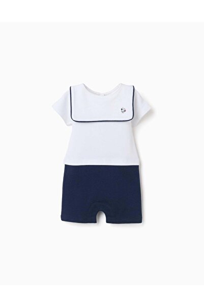 Ziddy Cotton Piqué Romper With Mickey For Newborn Boys White Dark Blue