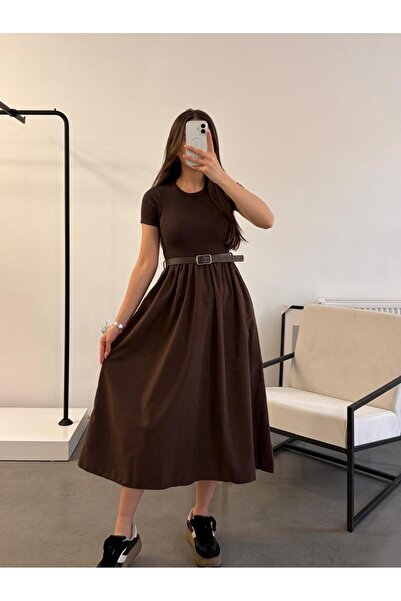 Flarsky Women's Poplin Fabric Dress with Belt at the Waist