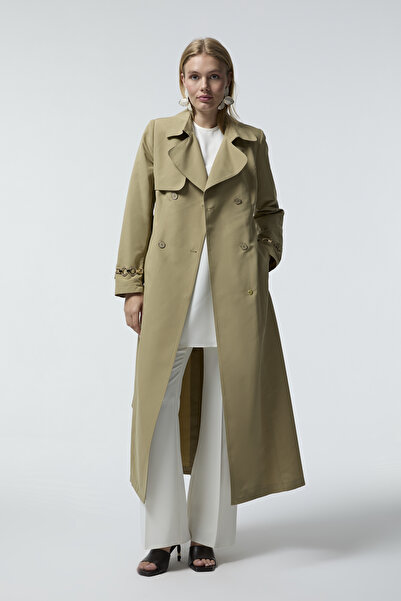 Zühre Double-Breasted Collar Belted Green Trench Coat 14043