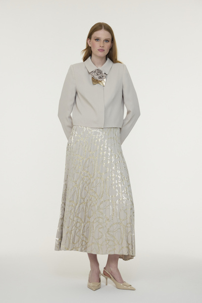 Zühre Pleated Chain Patterned Beige Set with Floral Accessories 1806