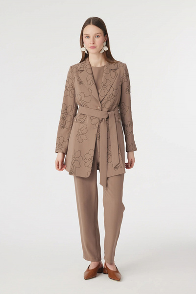 Zühre Double-Breasted Collar Belted Embroidered Mocha Suit 1740