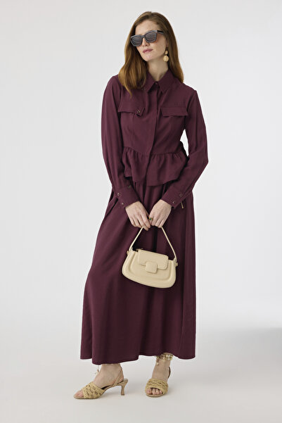Zühre Pocket Detailed Waist Ruffled Burgundy Suit 1840