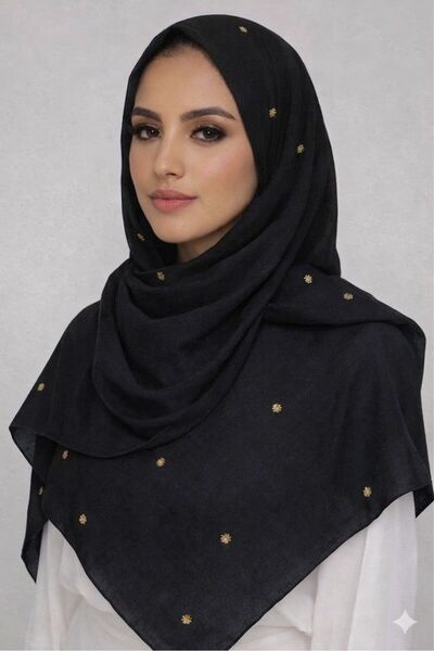 Veil Designer طرحه حلا نجوم بوال اسود طبقنين بتطريز بخيوط القصب الذهبي نجوم ع...