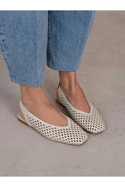 ECENİN BUTİĞİ Telina Ekru Hakiki Deri Kadın Babet