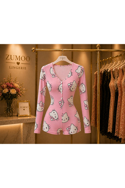 ZUMOO Pembe Hello Kitty Desenli Uzun Kollu Şort Tulum Pijama