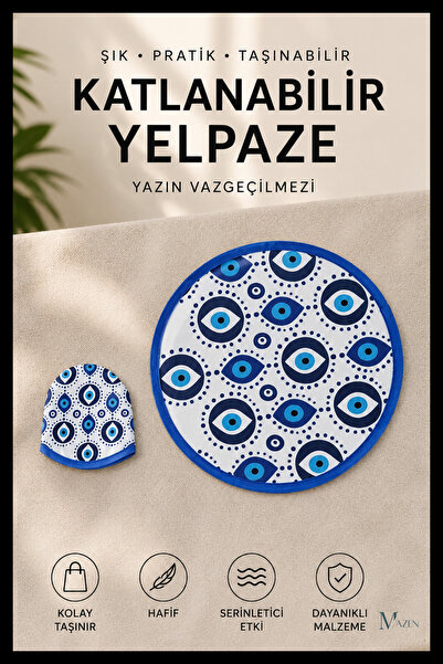 MAZEN Nazar Göz Desenli Katlanabilir Yuvarlak Yazlık Taşınabilir El Yelpazesi