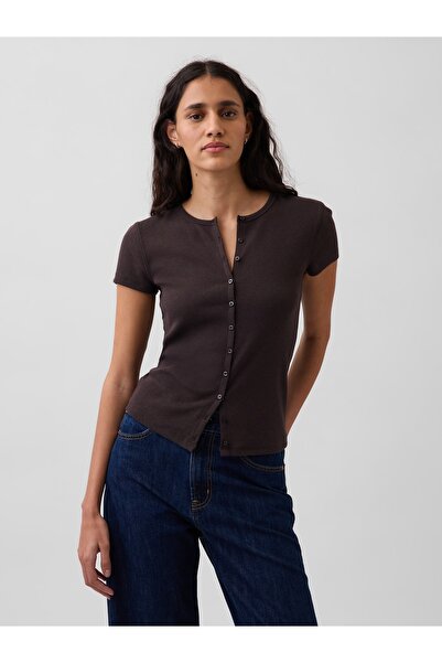 GAP Kadın Kahverengi Modern Fitilli Düğmelİ Bisiklet Yaka T-Shirt