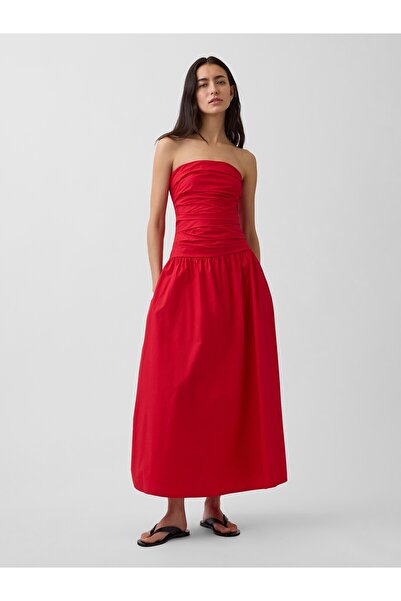 GAP Kadın Kırmızı Poplin Drop-Waist Maxi Elbise