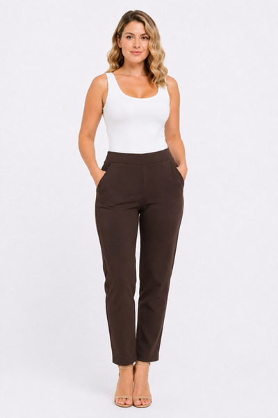 Şans Women's Plus Size Brown, High Waist, Ayrobin Fabric, Elastic Waist, Pock...