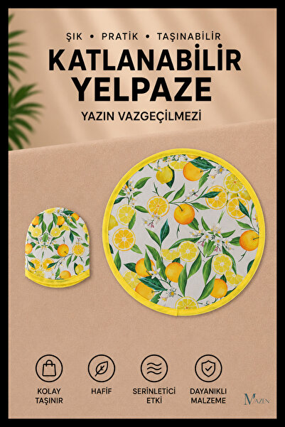 MAZEN Limon Desenli Katlanabilir Yuvarlak Yazlık Taşınabilir El Yelpazesi