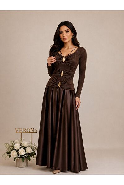 Verona Elegant Gold Detailing Burgundy Long Satin Dress