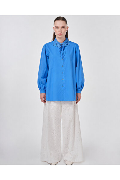 Kayra Women's Embroidered Shirt Collar Buttoned Cotton Tunic