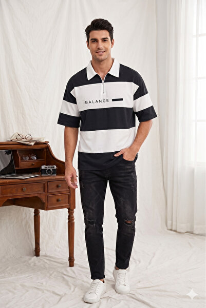 ALİ.COM Unisex Polo Collar Zippered Parted Balance Printed Polo T-Shirt-Overs...