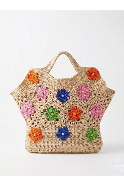 Enie Women's Floral Patterned Straw Handmade Beach Bag-Unlined