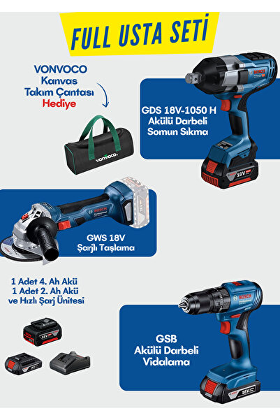 Bosch GDS 18V-1050 H Akülü Darbeli Somun Sıkma Makinesi Şarjlı Bijon Sökme Ta...