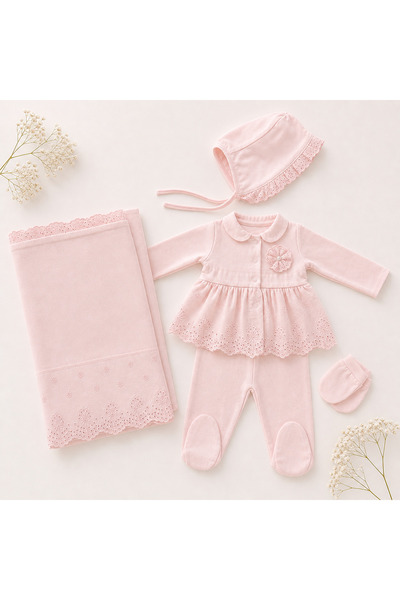 Kız Bebek Pudra Pembe 5’li Hastane Çıkışı Seti %100 Pamuk 0-3 Ay