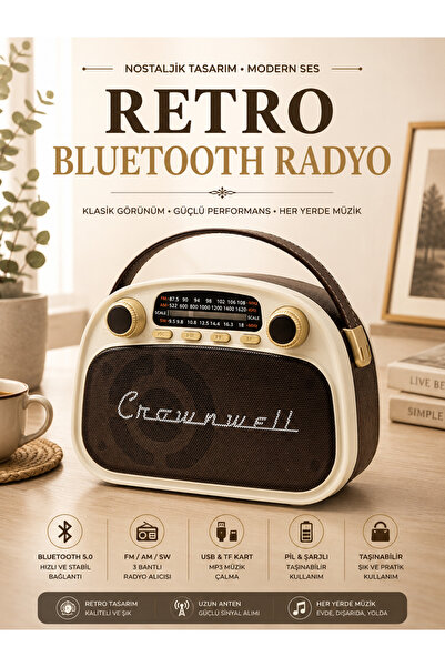 KOLAYEV Crownwell Retro Bluetooth Radyo Taşınabilir FM AM SW USB TF Kart Dest...