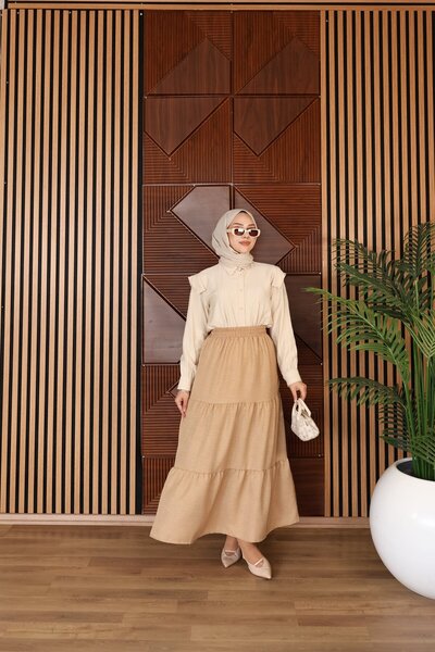 Dayfabric Katlı Yazlık Basic Etek | Koyu Bej